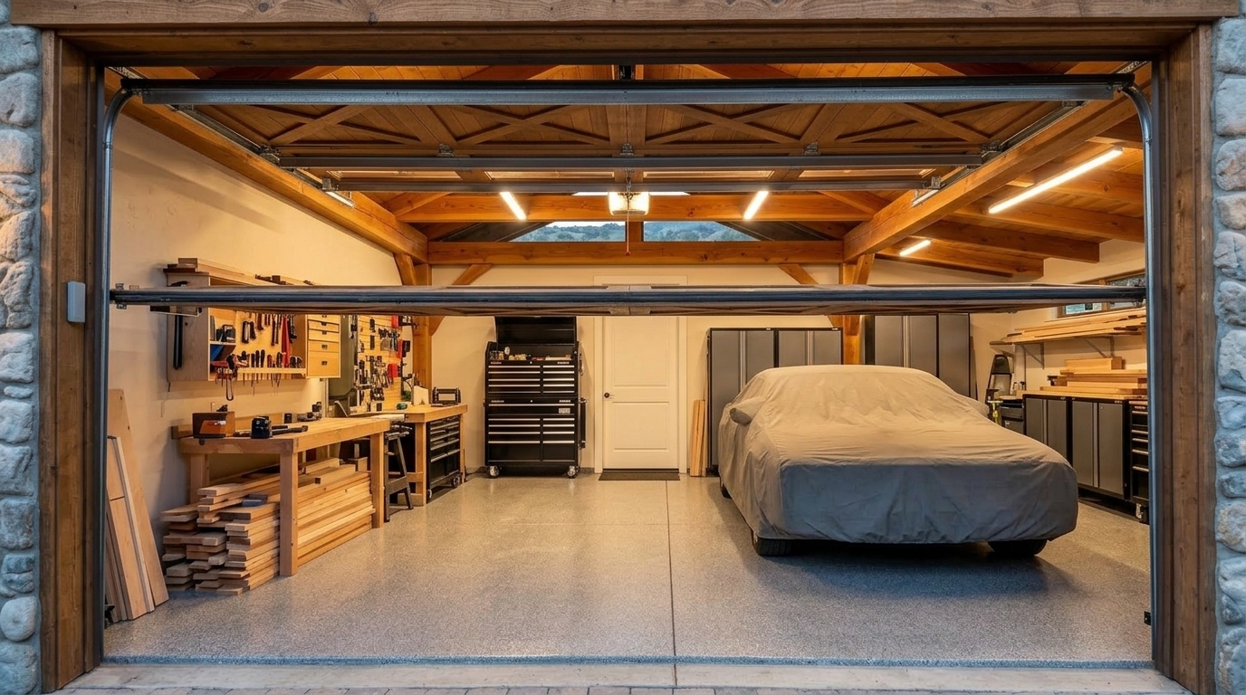 Carmichael Garage Door Service Interior View of Custom Garage Door Overhead and Workshop